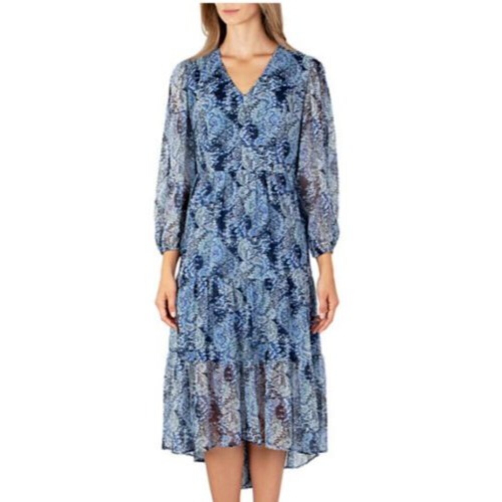 Joie Blue Printed Chiffon Balloon Sleeve Midi Dress Size XXL - NEW - Picture 3 of 9